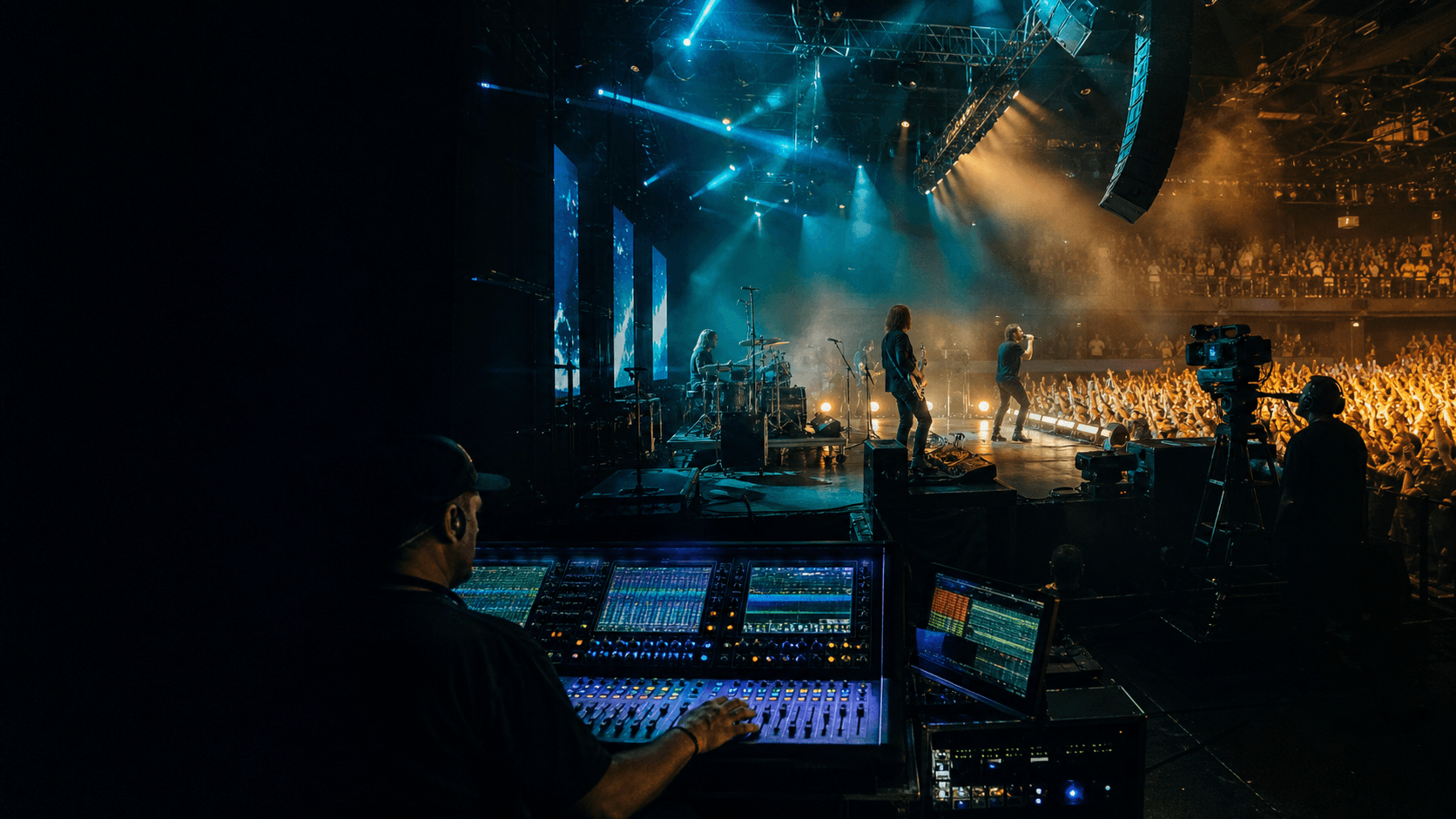 Live band, audience, camera crew, and engineer operating a complete concert production