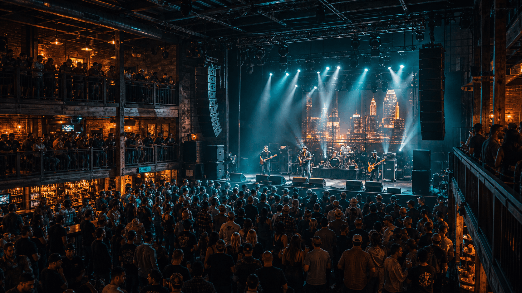 Multi-level venue with screens and stage visuals
